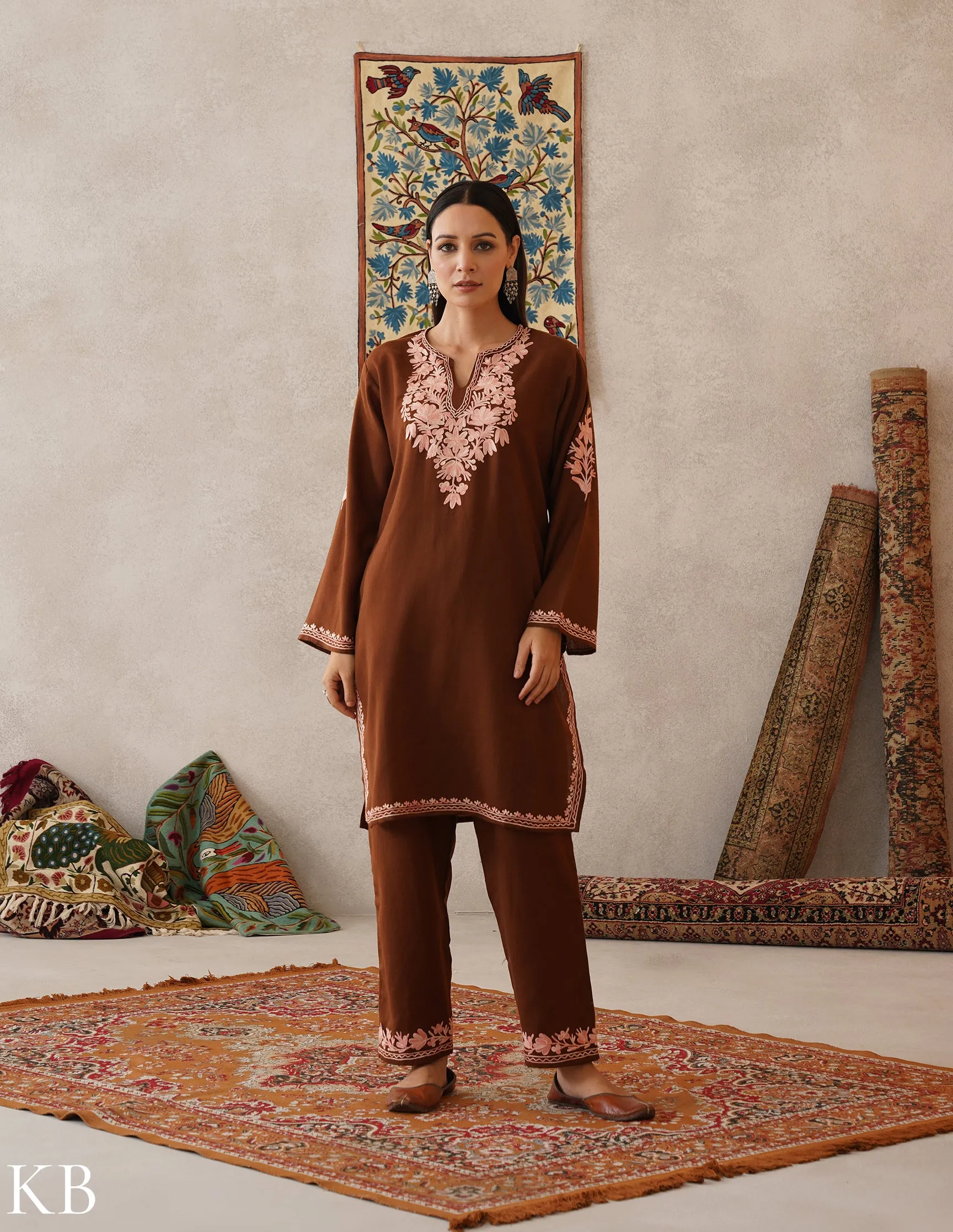 meHER Chocolate Brown Kashmiri Aari Woollen Co-ord Set