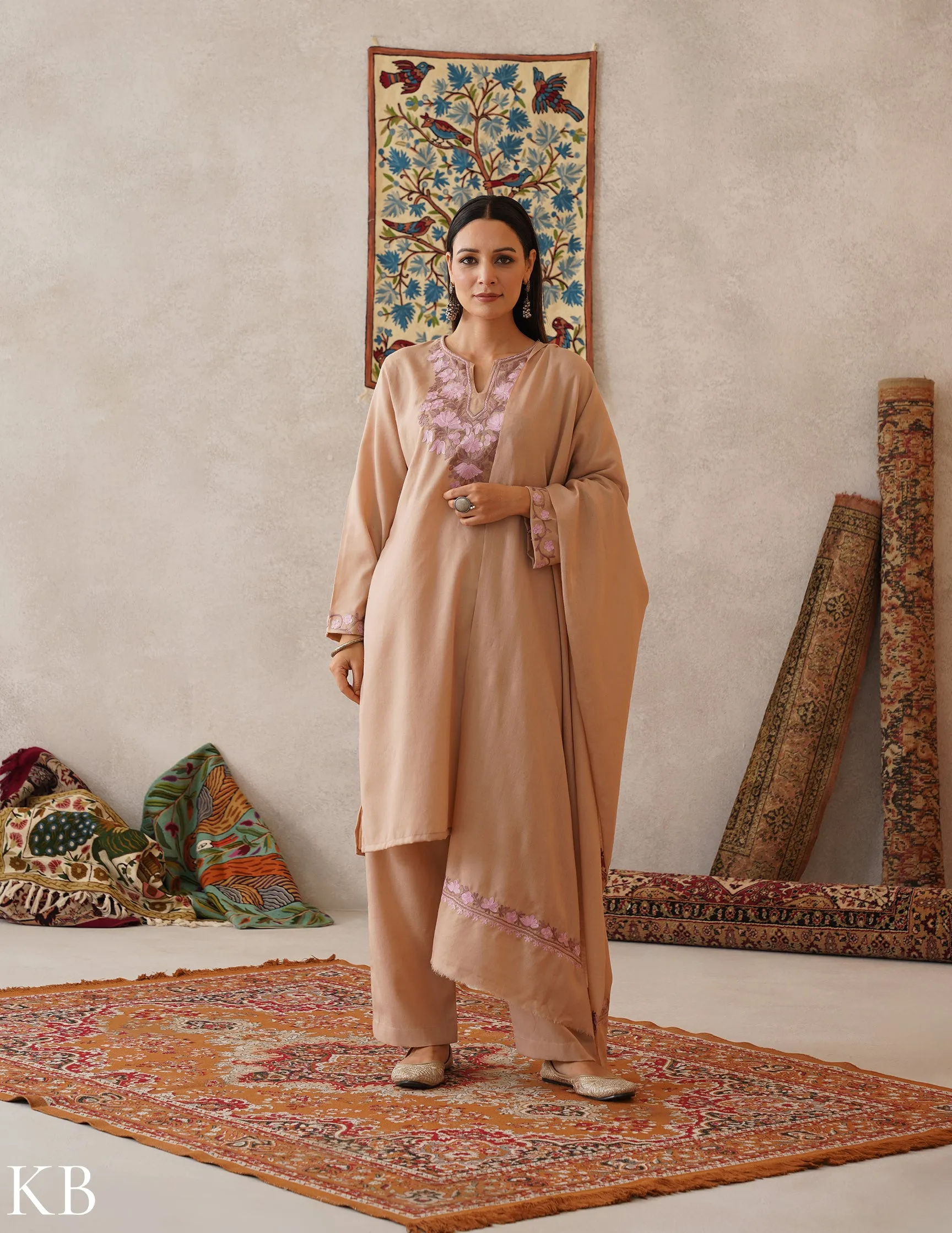 meHER Latte Brown Kashmiri Aari Woollen Co-ord Set