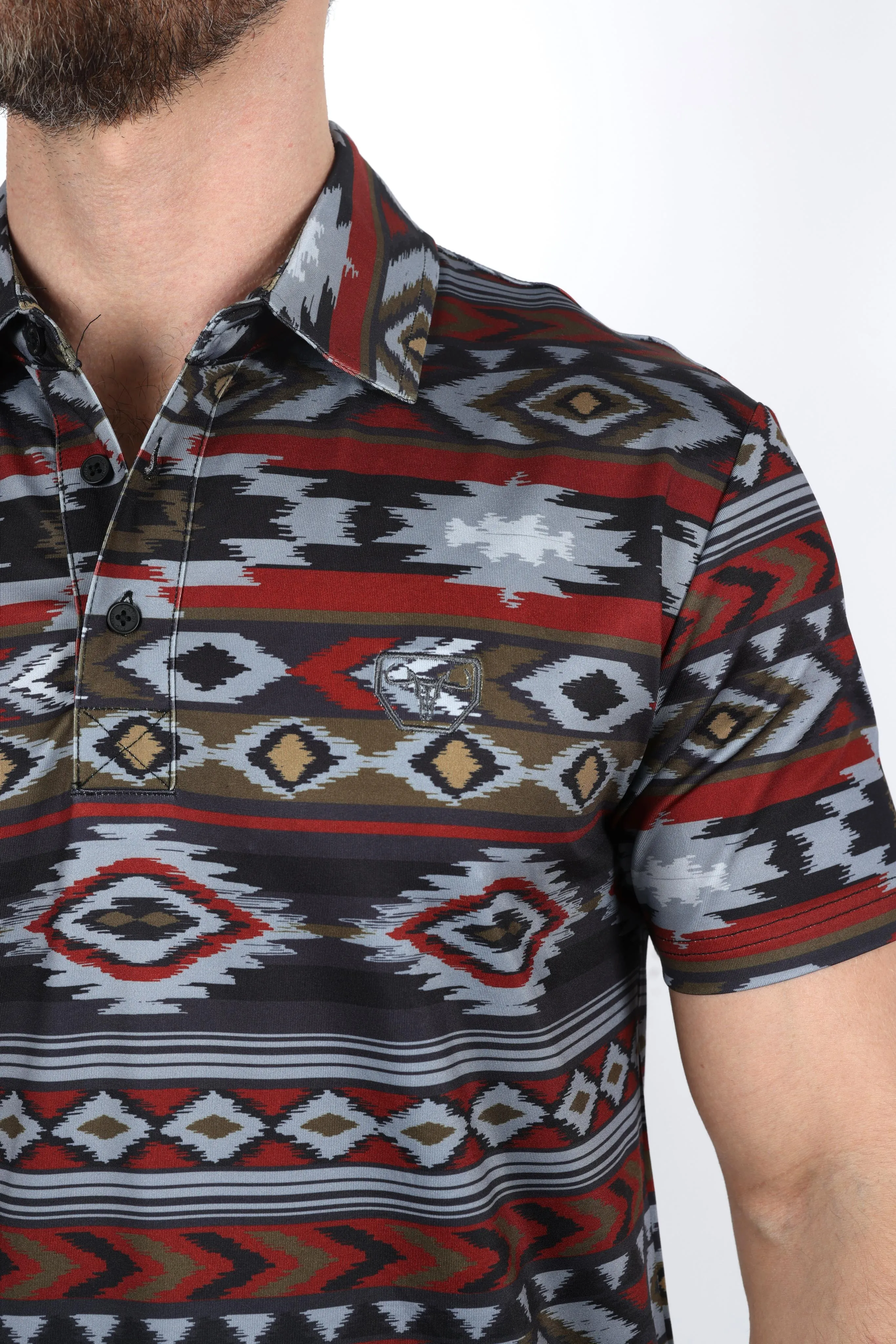 Mens Performance Fabric Modern Fit Stretch Aztec Print Polo