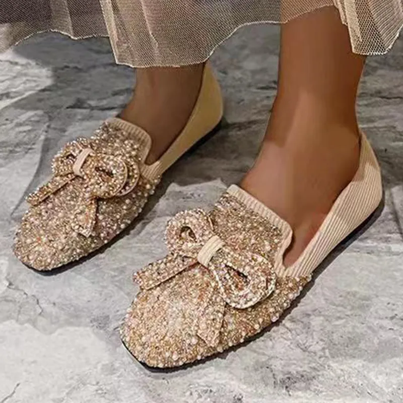 Owlkay Crystal Bow Flat Breathable Loafers