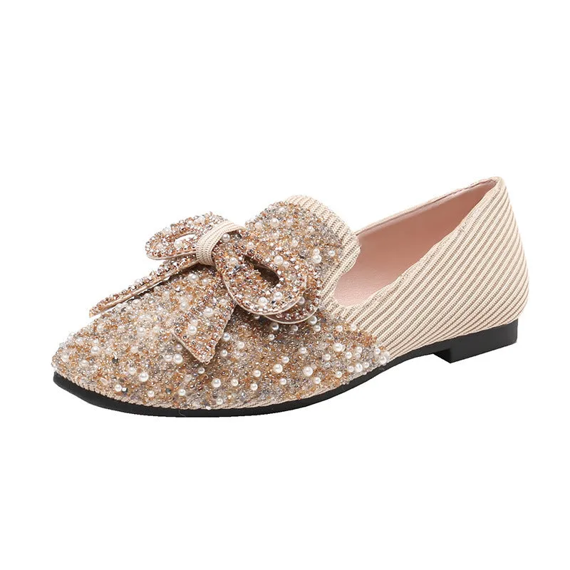 Owlkay Crystal Bow Flat Breathable Loafers