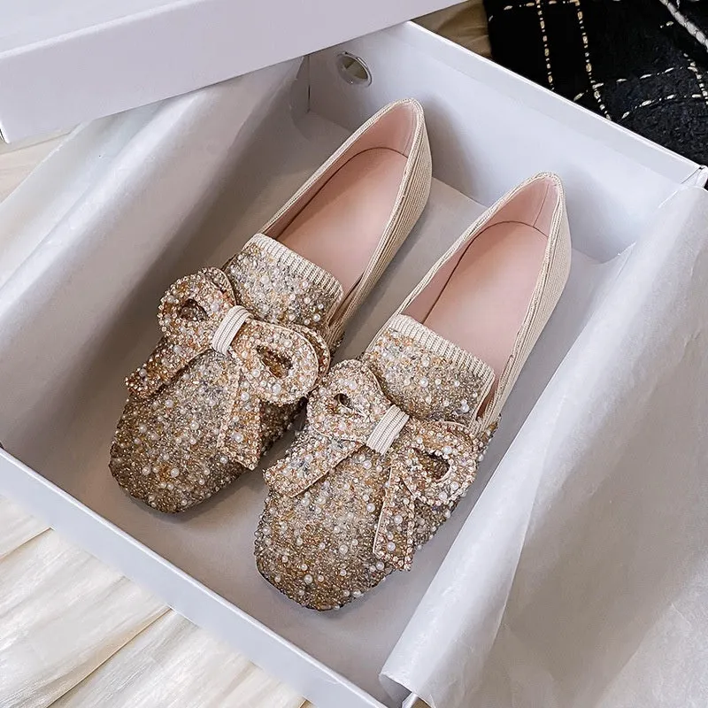 Owlkay Crystal Bow Flat Breathable Loafers