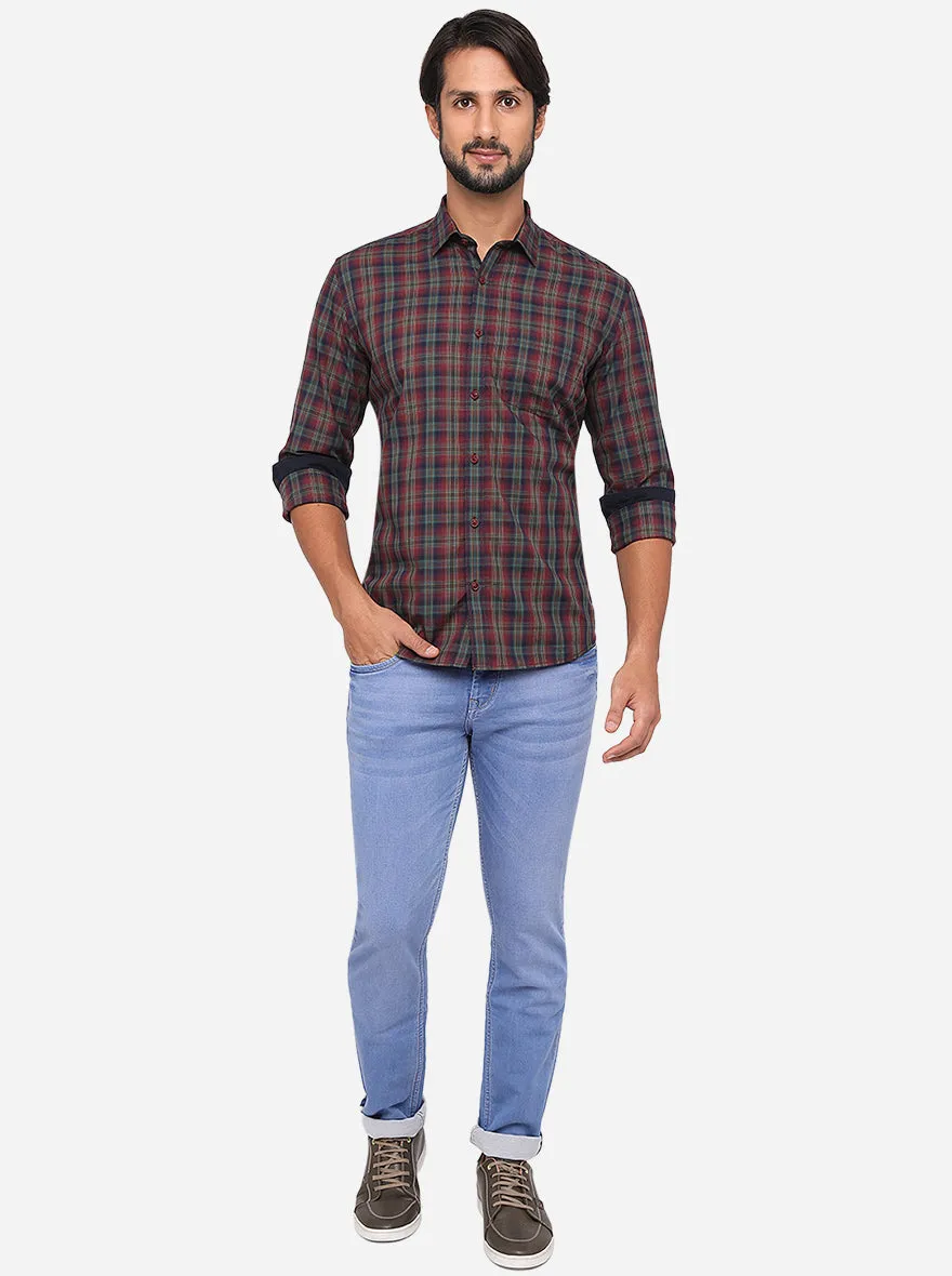 Oxblood Red Checked Slim Fit Semi Casual Shirt | JadeBlue