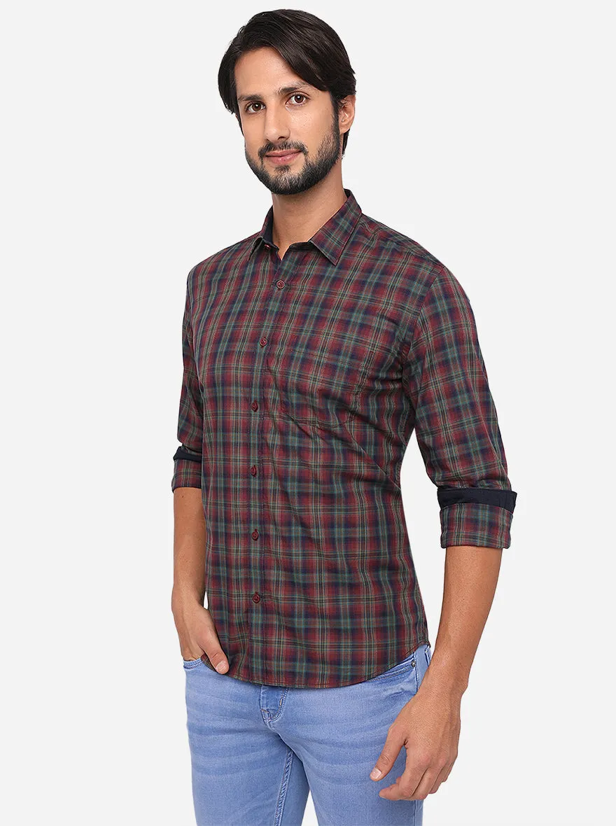 Oxblood Red Checked Slim Fit Semi Casual Shirt | JadeBlue