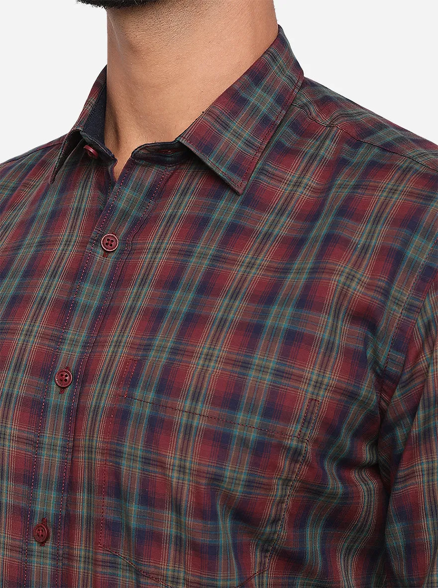 Oxblood Red Checked Slim Fit Semi Casual Shirt | JadeBlue