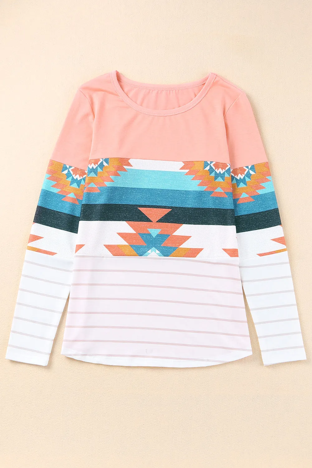 Pink Aztec Stripe Color Block Slim Fit Long Sleeve Top