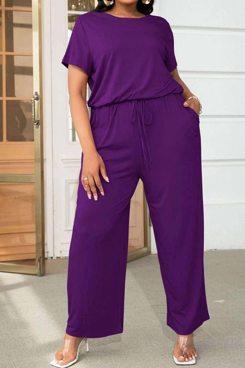 Plus Size Drawstring Waist Short Sleeve Jumpsuit