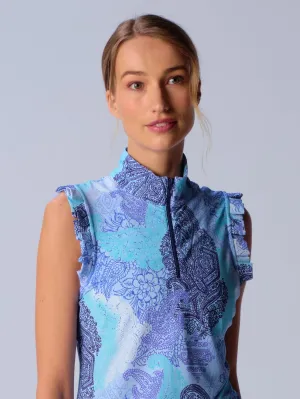 Sleeveless Quarter Zip Ruffle Top In Blue Paisley