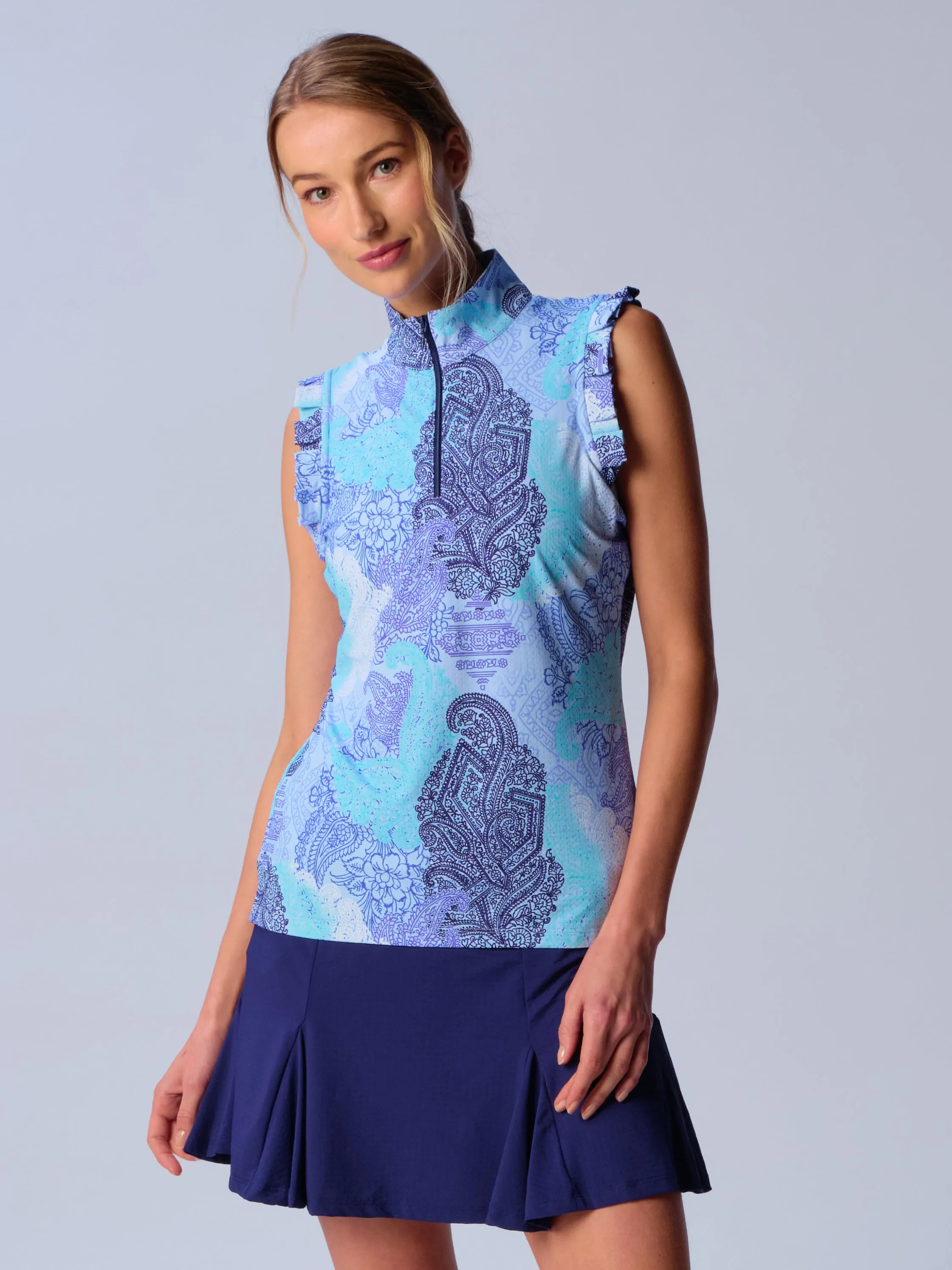 Sleeveless Quarter Zip Ruffle Top In Blue Paisley