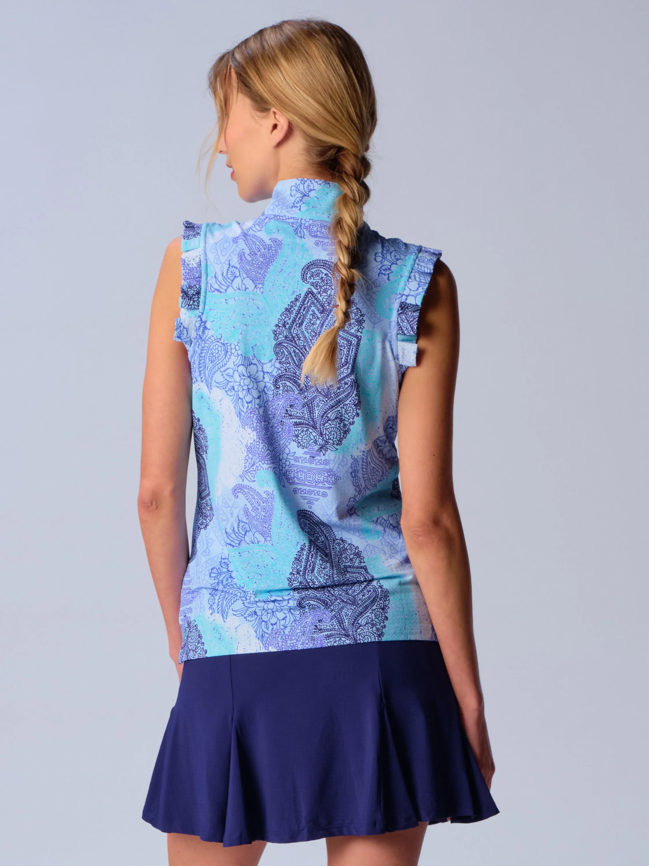 Sleeveless Quarter Zip Ruffle Top In Blue Paisley