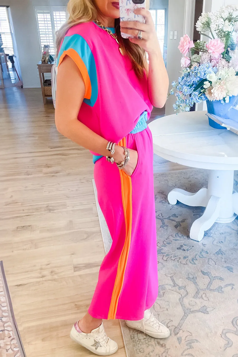 Strawberry Pink Colorblock Cap Sleeve Tee and Wide Leg Pants Set