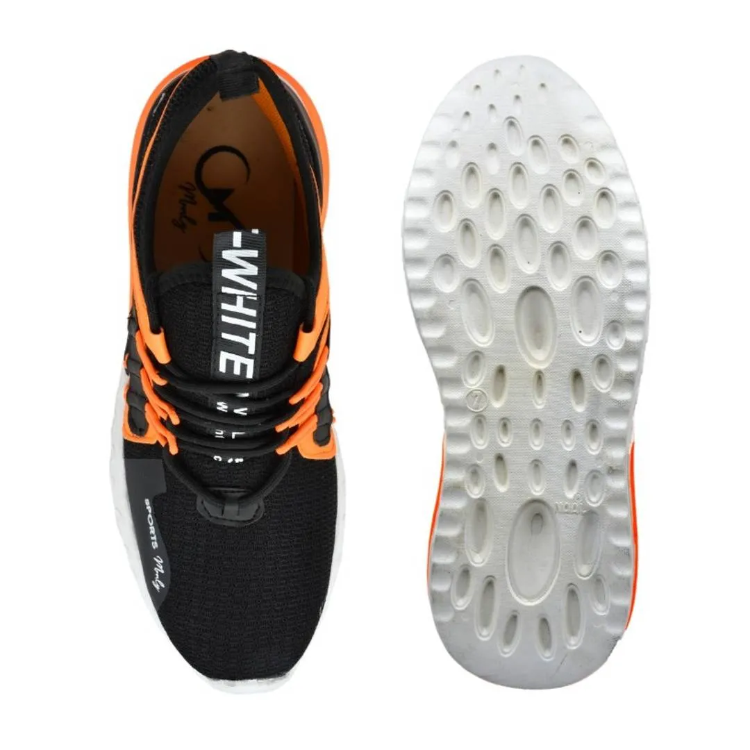 Stylish Orange Mesh Self Design Sports Shoes For Men