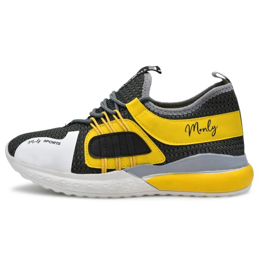 Stylish Yellow Mesh Self Design Sports Shoes For Men