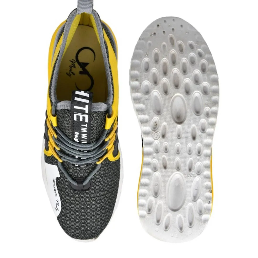 Stylish Yellow Mesh Self Design Sports Shoes For Men