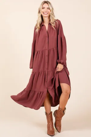 Tiered Button Down Long Sleeve Midi Dress