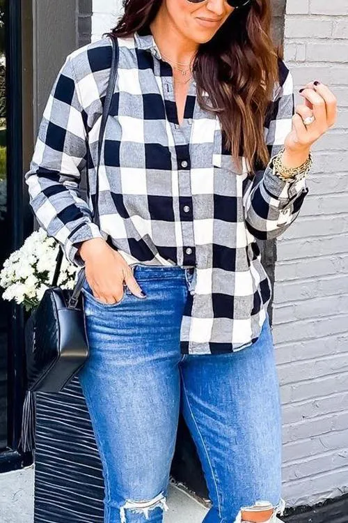 Versatile Button Plaid Pockets Shirt