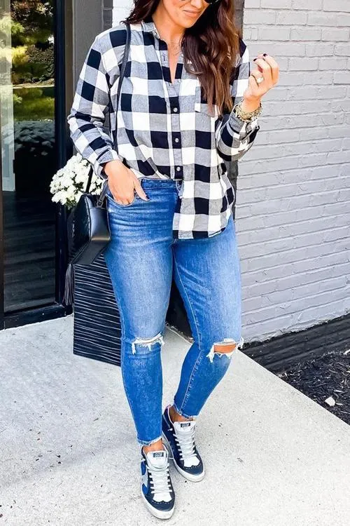 Versatile Button Plaid Pockets Shirt