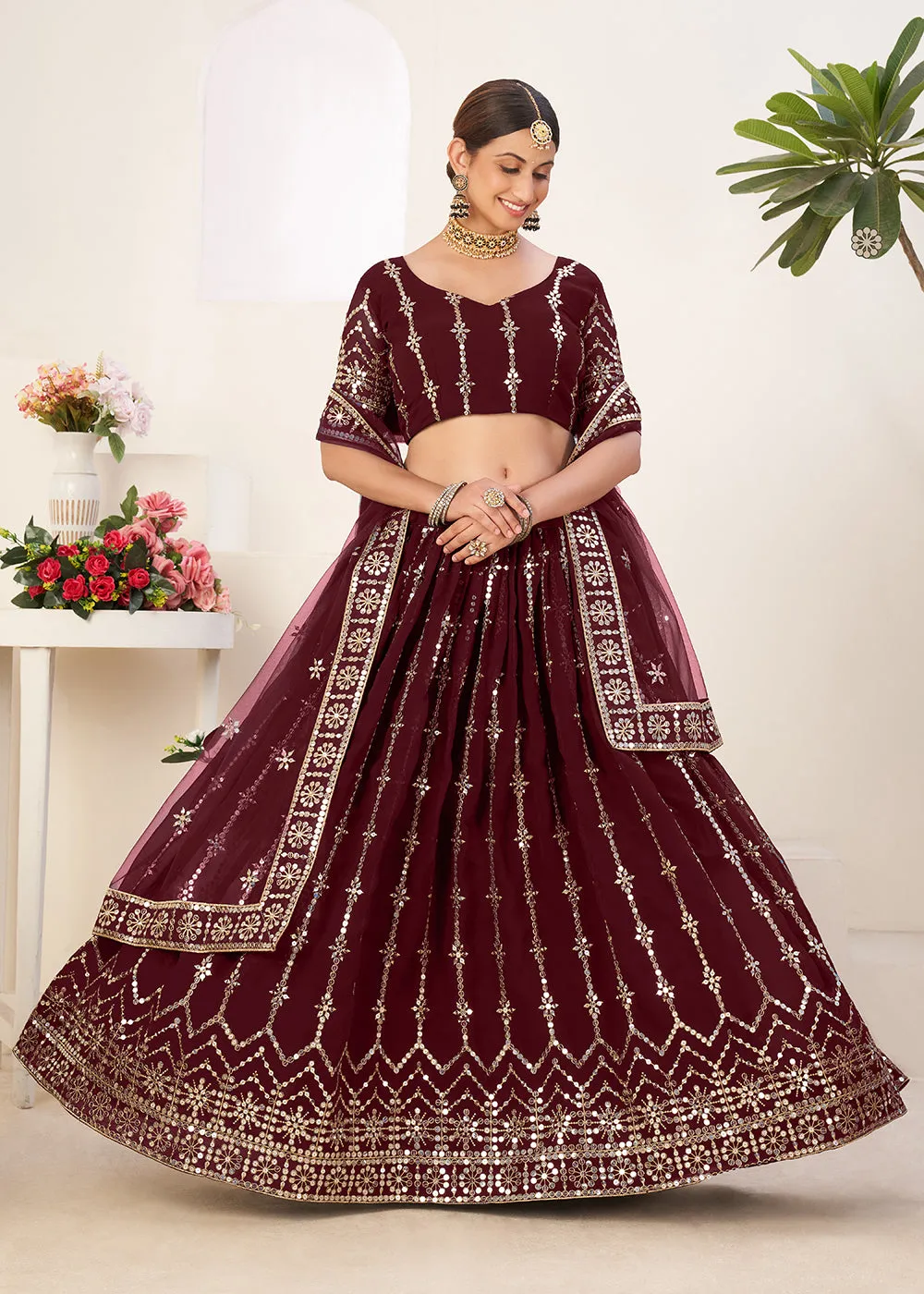 Warmful Maroon Bordered Sequins Sangeet Wear Lehenga Choli