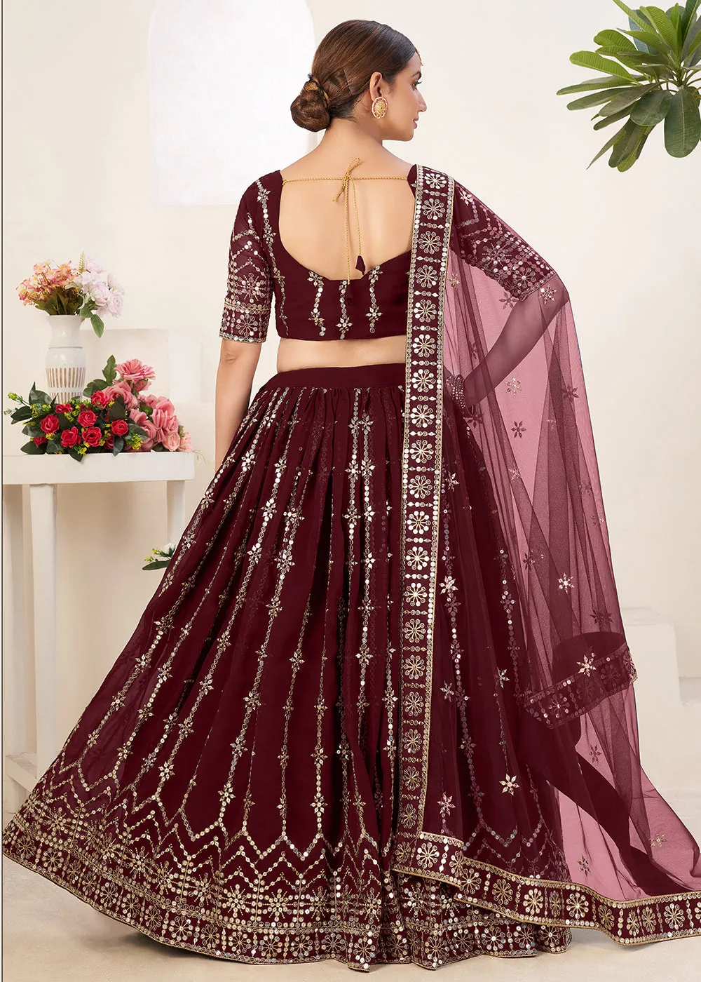 Warmful Maroon Bordered Sequins Sangeet Wear Lehenga Choli