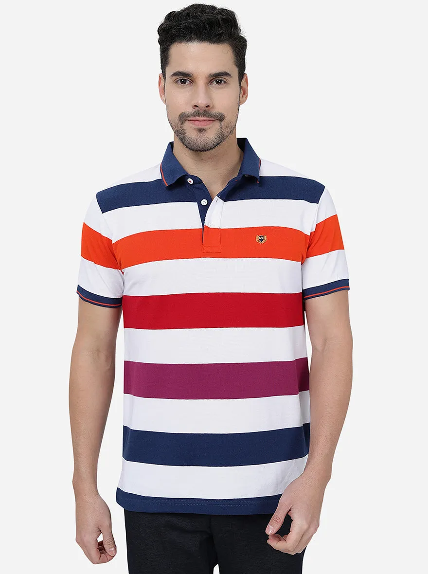 White & Red Striped Slim Fit Polo T-Shirt | JadeBlue