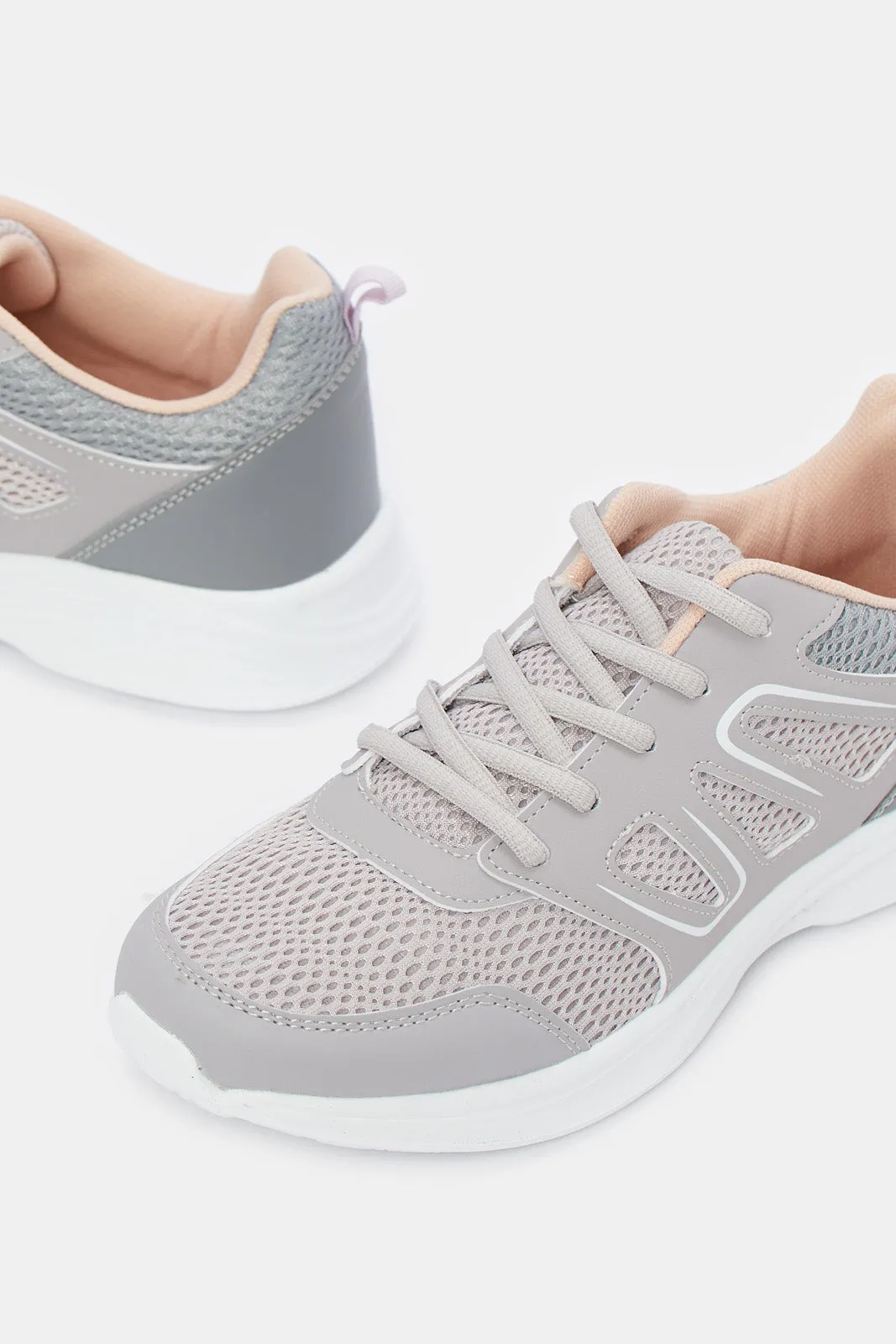 Women Grey Mesh Lace Up Sneakers