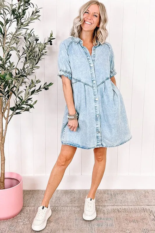 Women Ruffled Short Sleeve Buttoned Denim Dress