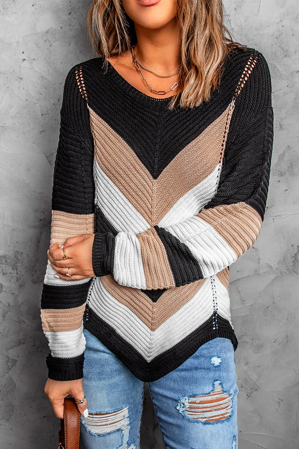 Women's Chevron Loose Knit Pullover Jumper Colorblock Knit Sweater